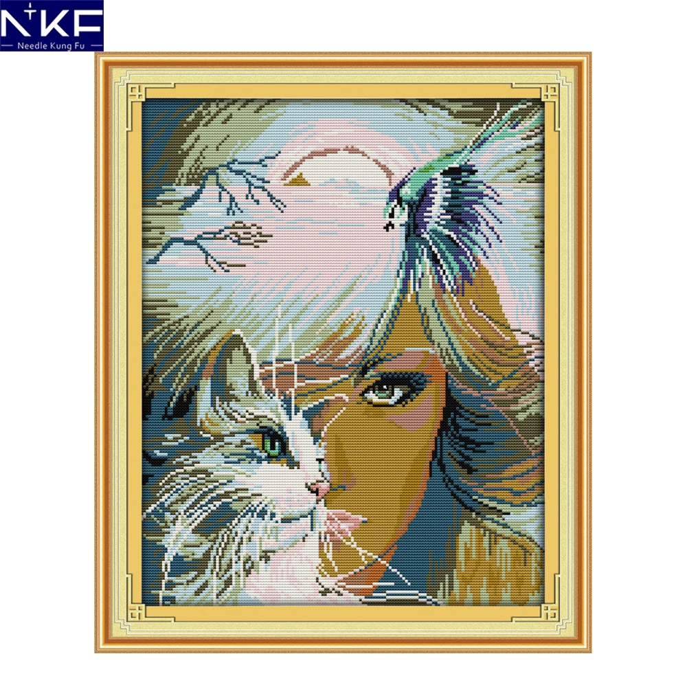 NKF Girl and Cat Counted Cross Stitch Sets Needlework DIY Kits Embroidery Chinese Pattern for Home Decor | Дом и сад