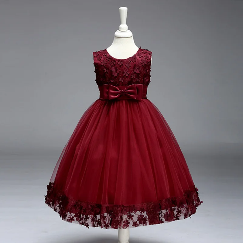 Лидер продаж бальное платье без рукавов Primera Comunion Para Ninas Платья с цветочным узором для девочек Свадебная вечеринка - Цвет: Wine Red