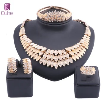 

Fashion Italian Jewelry Set Exquisite Dubai Gold Color Crystal Necklace Earring Ring Jewelry Set Nigerian Wedding Bridal Bijoux