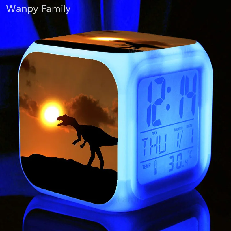 Светодиодный Будильник с динозавром Юрского периода, 7 цветов, светящийся цифровой будильник для детей, подарок, многофункциональные часы с подсветкой