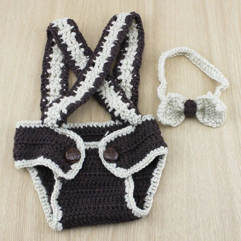 Baby Boy Crochet Suspenders Nappy / Diaper Cover with Bow Tie Set Photo