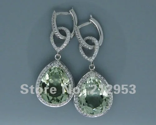 

New Vintage Pear 10x15mm Solid 14k White Gold Green Amethyst Earrings Natural Diamond Amethyst Earrings In Drop For Sale