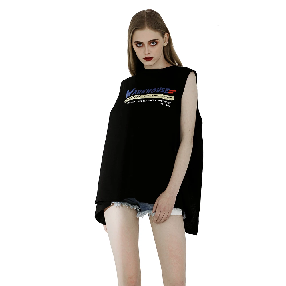 

New Women Backside Split Sleeveless Tee Shirt Sexy Loose Letter Printed Black Top Punk Cotton T-Shirts for Summer