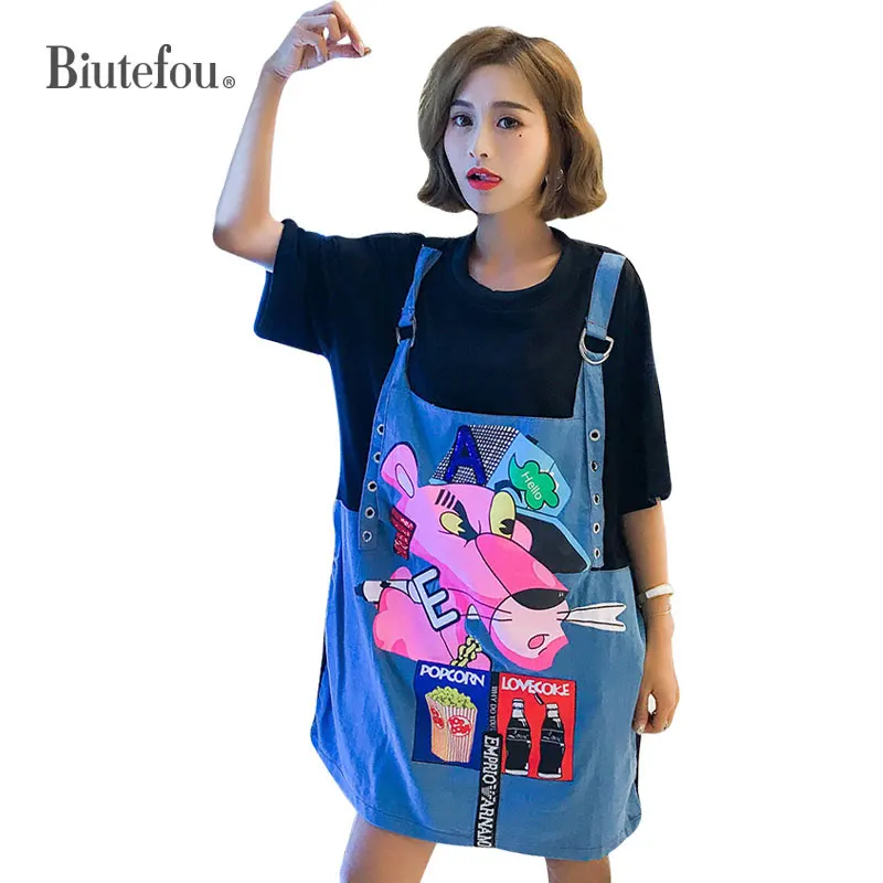 

2019 Summer denim patch designs dresses fashion cartoon print fake two pieces women dresses