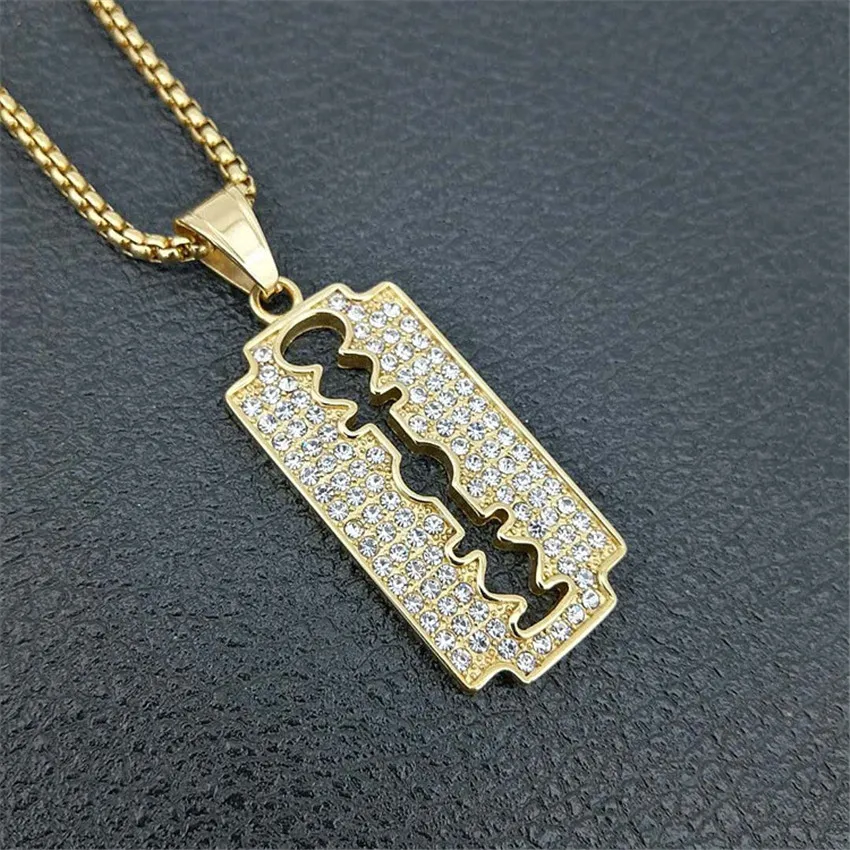 Хип-хоп клинок ожерелья с подвесками для мужчин золотого цвета из нержавеющей стали бритвы ожерелья для мужчин со Льдом Bling стразы ювелирные изделия