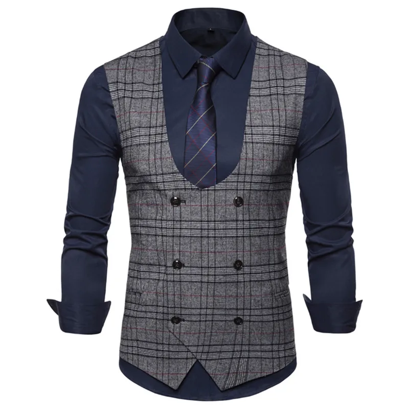 

2019 autumn new men's business casual plaid vest formal suit jacket men's casual U-neck vest double-breasted plaid vest S-XXXL