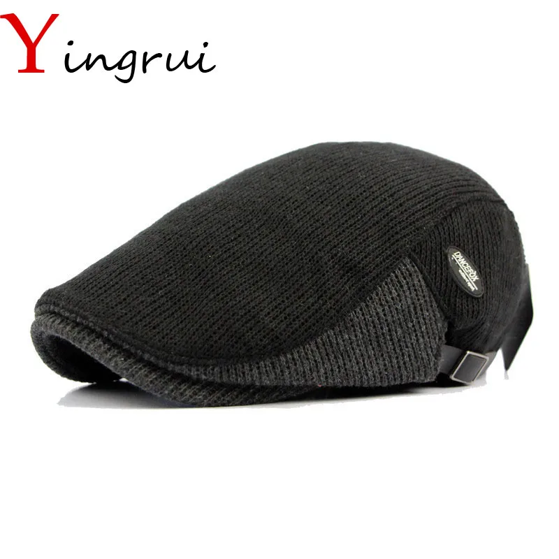 

Men's Vintage Knitted Duckbill Ivy Cap Genuine Leather Buckle Newsboy Caps Beret Hat Adjustable