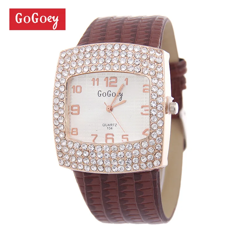 Лидер продаж, роскошные брендовые кожаные женские часы Gogoey, стразы, кварцевые наручные часы go070 - Цвет: Коричневый