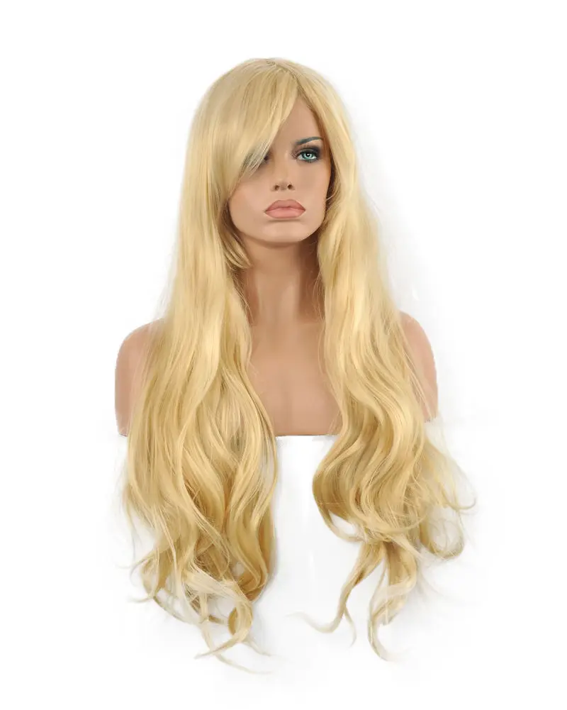 FREE SHIPPING Hot Sell!!! DIY Synthetic Heat Resistant Sexy Site Bangs Hair Curly Wigs Golden Long Girl |