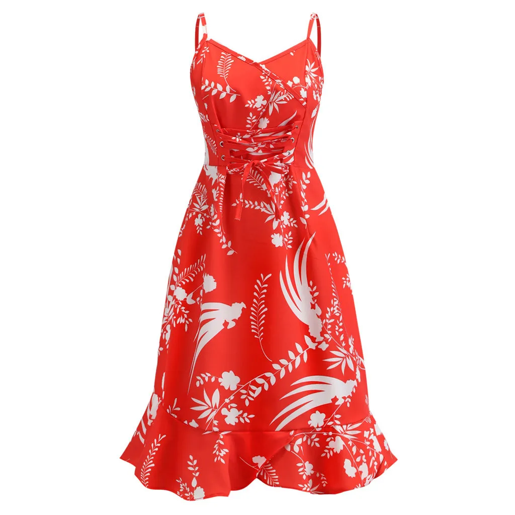 

FREE OSTRICH Dress Women Vintage Sling Print Sleeveless V-Neck Knee-Length Gorgeous Dignified Noble Novel Short Dress Summer