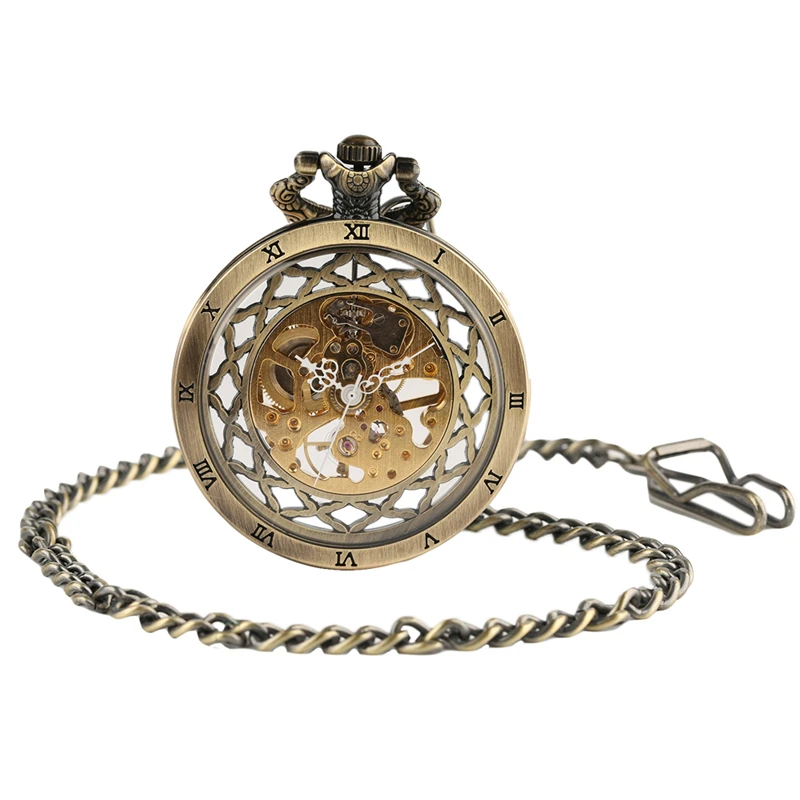 

Vintage Gold Hollow Mechanical Pocket Watch Chain Retro Men Unique Steampunk Roman Number Skeleton Mechanical Pocket Watches