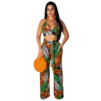 

Two Piece Sets Tracksuits 2020 Summer Leaves Printed Halter Backless Crop Tops And Wide Leg Pants Sexy Beach Outfits Sweat Suits
