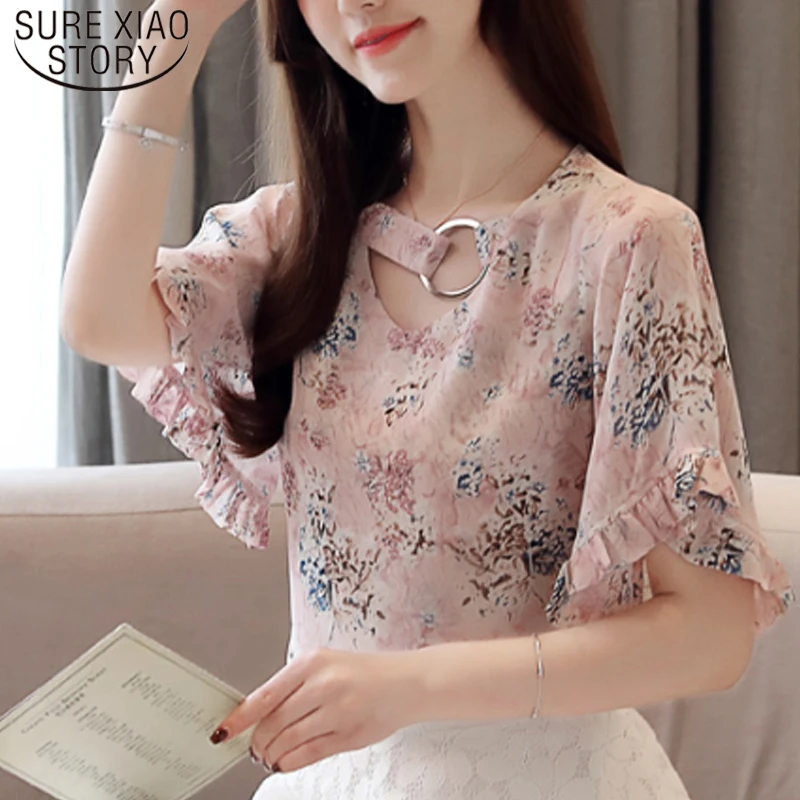 Womens Tops and Blouses Fashion Women Blouses 2019 Plus Size Ladies Tops Short Sleeve Print Chiffon Blouse Women Shirts 4226 50