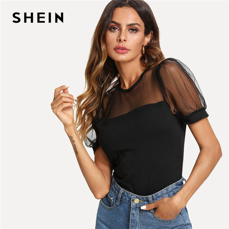 round neck loose fitting plain puff sleeve blouses