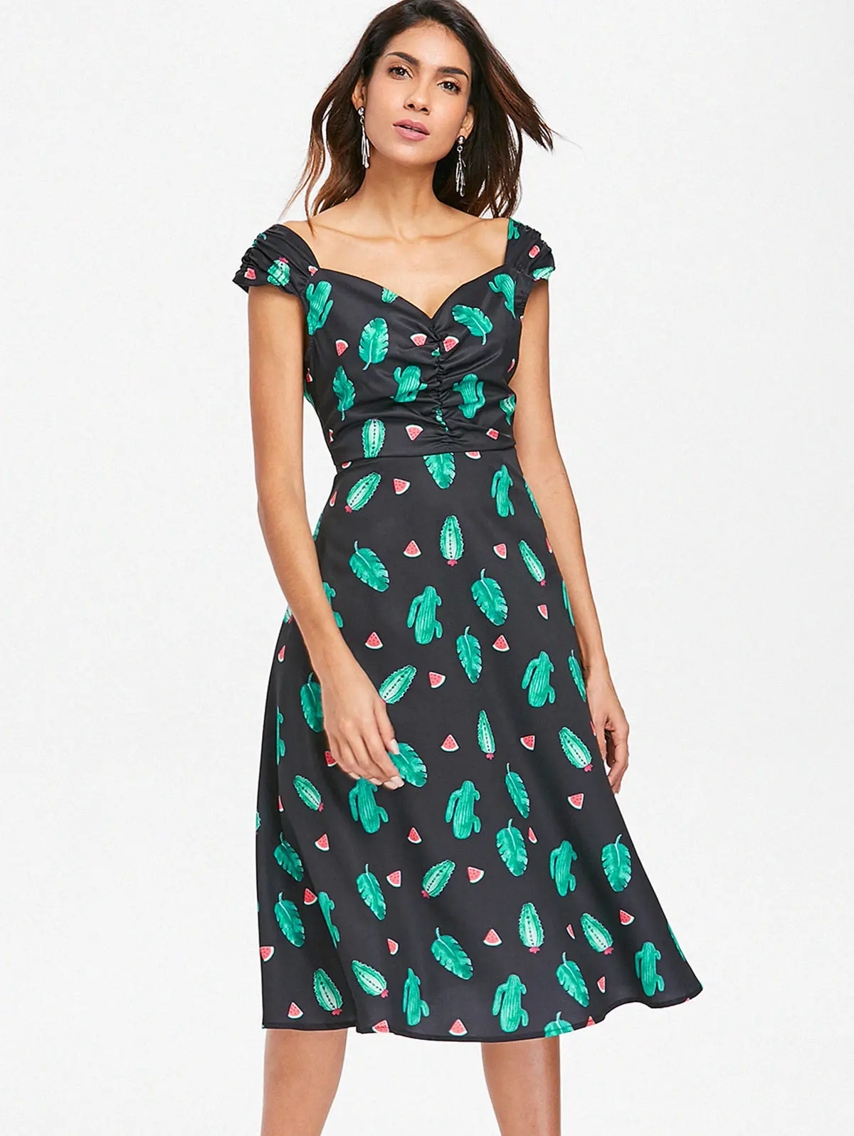 

Kenancy Watermelon Cactus Print Vintage Dress Women Cap Sleeve Sweetheart Neck Party Dress Female A-Line Party Dresses Vestidos