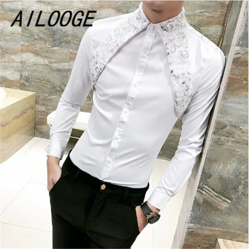 AILOOGE Высококачественная Корейская рубашка мужская мода весна лето сексуальные кружевные мужские рубашки с длинным рукавом Ночной клуб певица костюм рубашка - Цвет: White