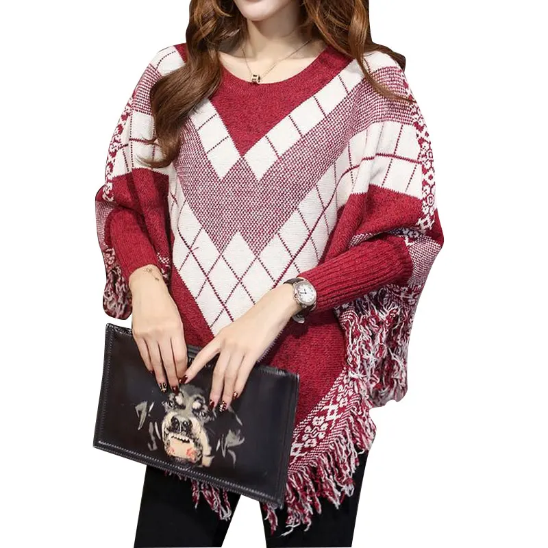 المرأة المتضخم البلوزات منقوشة الشارع شرابة كم Batwing ميدي السترة سترة إمرأة الرؤوس و Ponchoes تريكو Sudaderas