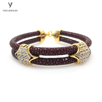 

Luxury Christmas Gift For Business Men 925 Sterling Silver Bracelet With Zircon Has Gift Box Wine Red Stingray Leather Bracelet