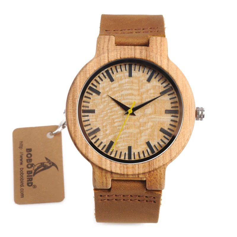 BOBO BIRD WbC20 Male Zebra Wooden Watches with Yellow Second Pointer and Soft Brown Leather Band for Men
