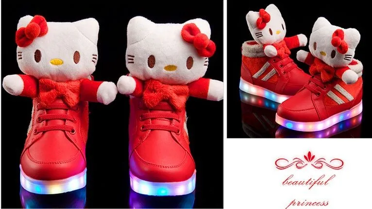 Новинка рисунок «Hello Kitty» обувь для детей со светодиодной подсветкой обувь для девочек прекрасный зарядка через USB освещенные дети Сапоги и ботинки для девочек детей Обувь LED Chaussure Enfant G3