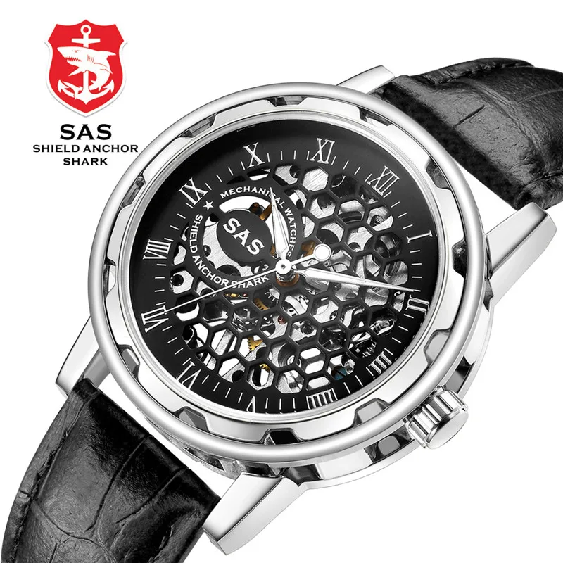 

SAS Watch Men Luxury Waterproof Fashion Business Watch Men Casual Leather Exquisite honeycomb perspective dial Mechanical Watch