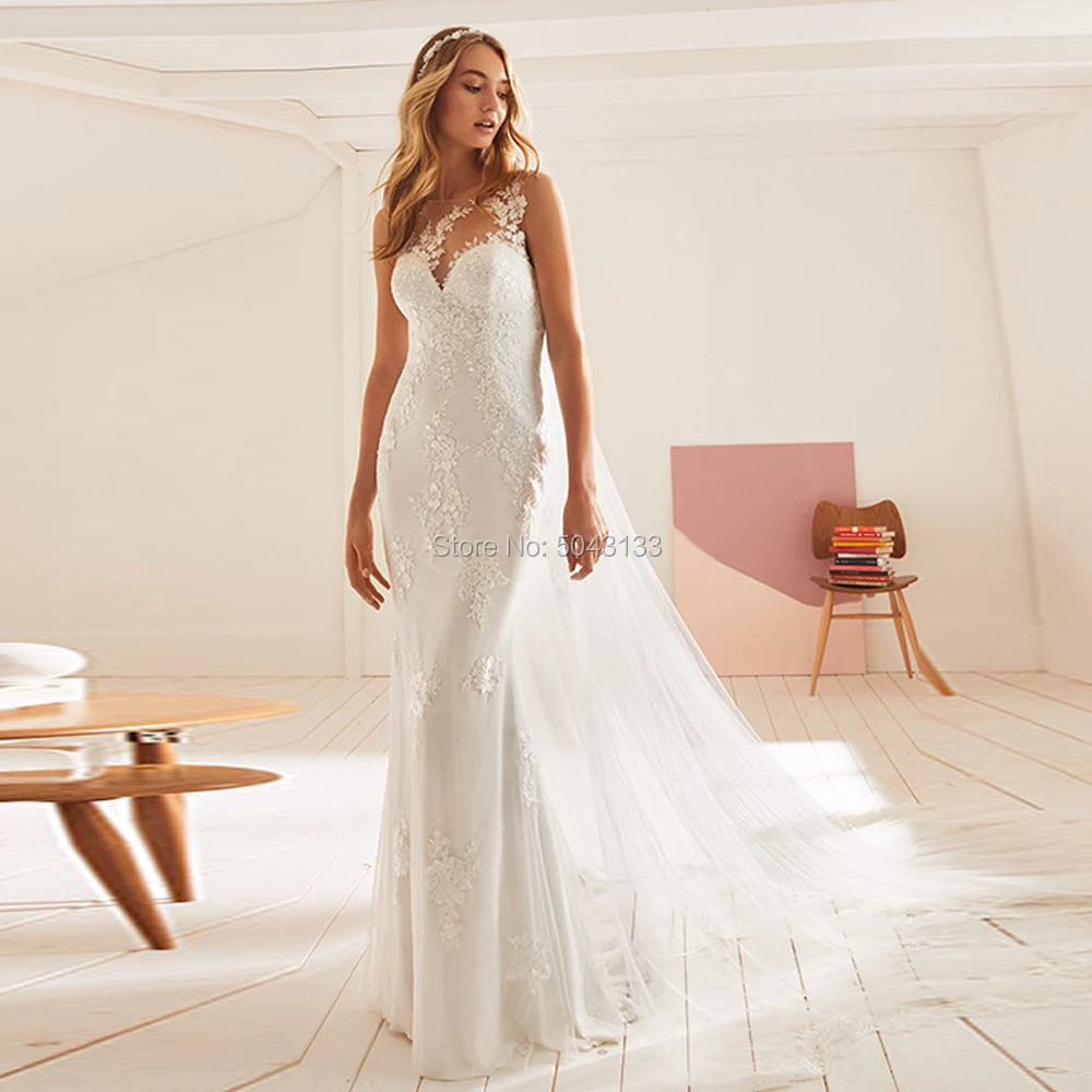 

Lace Mermaid Wedding Dresses with Detachable Train High Neck Sleeveless Backless Wedding Bride Dress Formal Vestido de Noiva