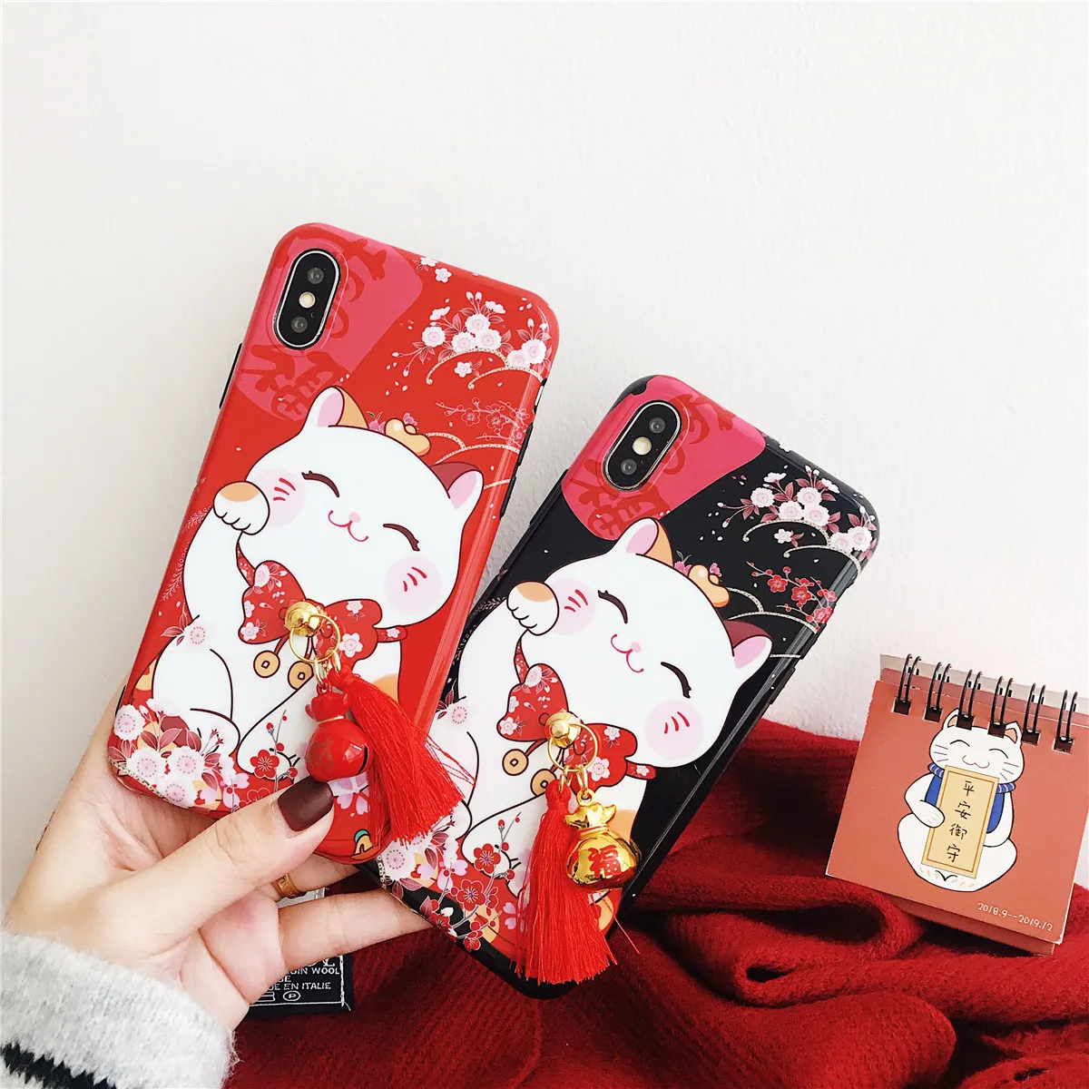 Applicable for iPhone Phone Case 6 Cute Kawaii Lucky Cat and Pendant Rope Soft TPU Back Cover cute animal |