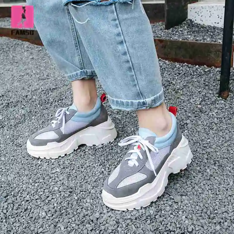 

FAMSO 2019 New Women Sneakers Lace-up Mixed Color Cow Leather Lace-up Four Season Shoes Platforms Waterproof Running Sneakers
