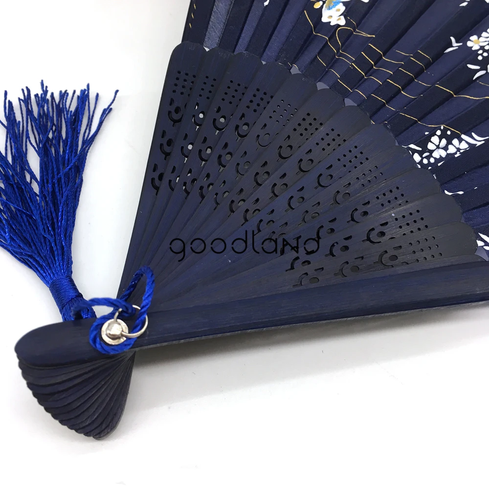 50 шт., Шелковый ручной вентилятор, синяя бабочка, ручной цветок, бамбук, модный Складной вентилятор, самодельный веер для девочек