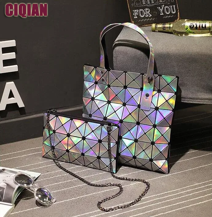 

HOT Hologram bag Women's Geometric Handbag Laser silver Chain Shoulder Bag Large Capacity Totes qualited 2pcs/lot Free Shipping
