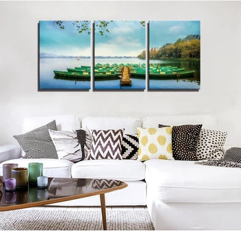 

3 Panels Seascape Picture Art Printed Wooden Boats Landscape Poster Wall Art Canvas Painting for Kitchen Restaurant Wall Decor