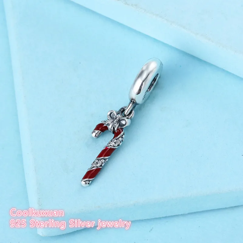 

Winter 925 Sterling Silver Sparkling Candy Cane Dangle Charm, Berry Red Enamel & Clear CZ Beads Fit Pandora Charms Bracelet