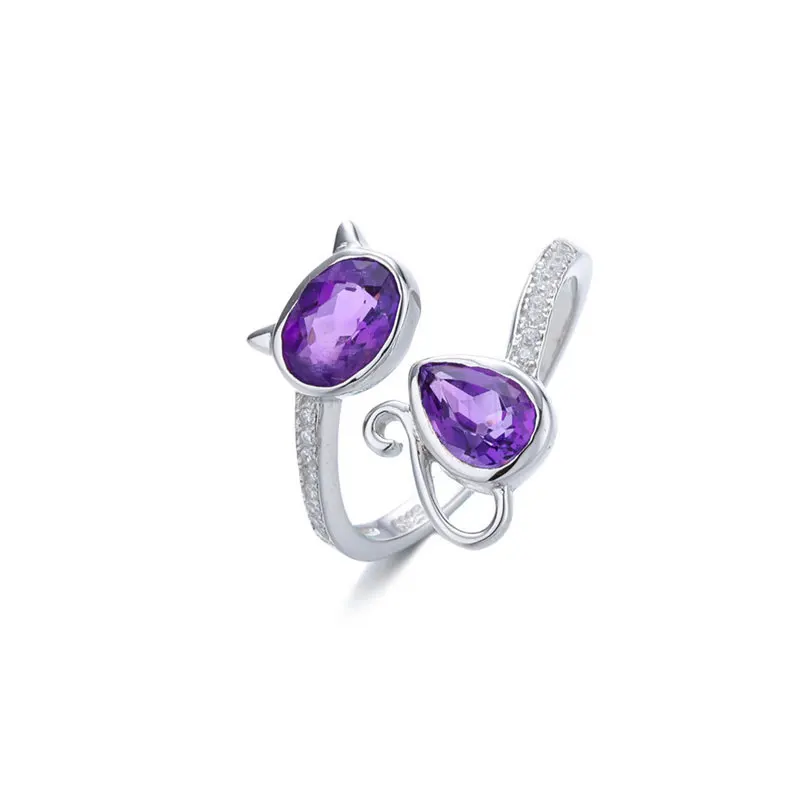 

RADHORSE 925 Silver Rings for Women Fine Jewelry Vogue Modeling Natural Amethyst Round Sculpture gem ring Adjustable Silver