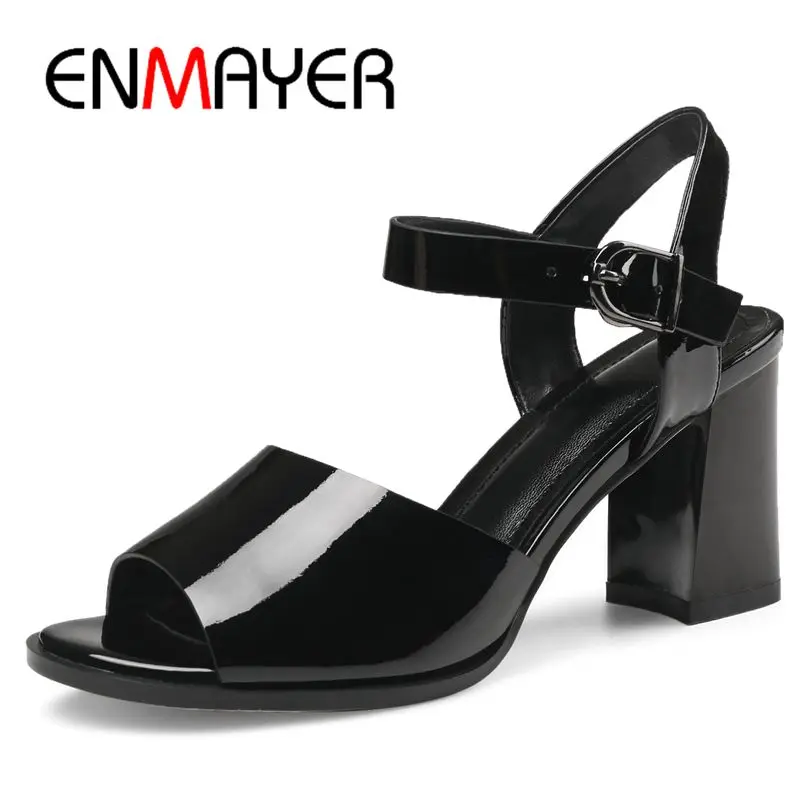 

ENMAYER Patent Leather Basic Casual Women Sandals Summer 2019 High Heel Solid Fashion Women Shoes Size 34-43 LY1423