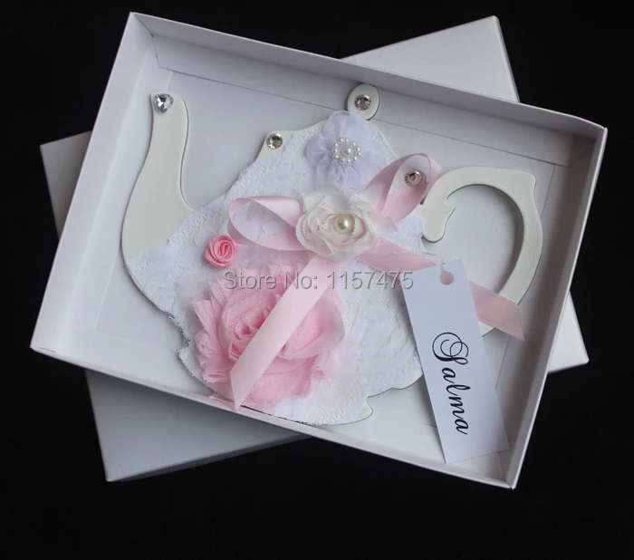 HI1019-18 Fantastic Kitchen Tea Invites with White Lace Flower Embellishments
