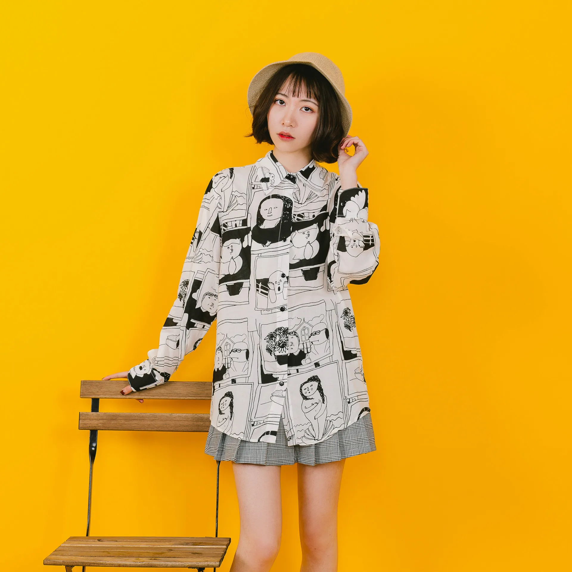 

White Black Cartoon Pattern Printing Women Blouse Long Sleeve Spring Fall New Fashion Loose Ladies Shirts Cotton Blouses