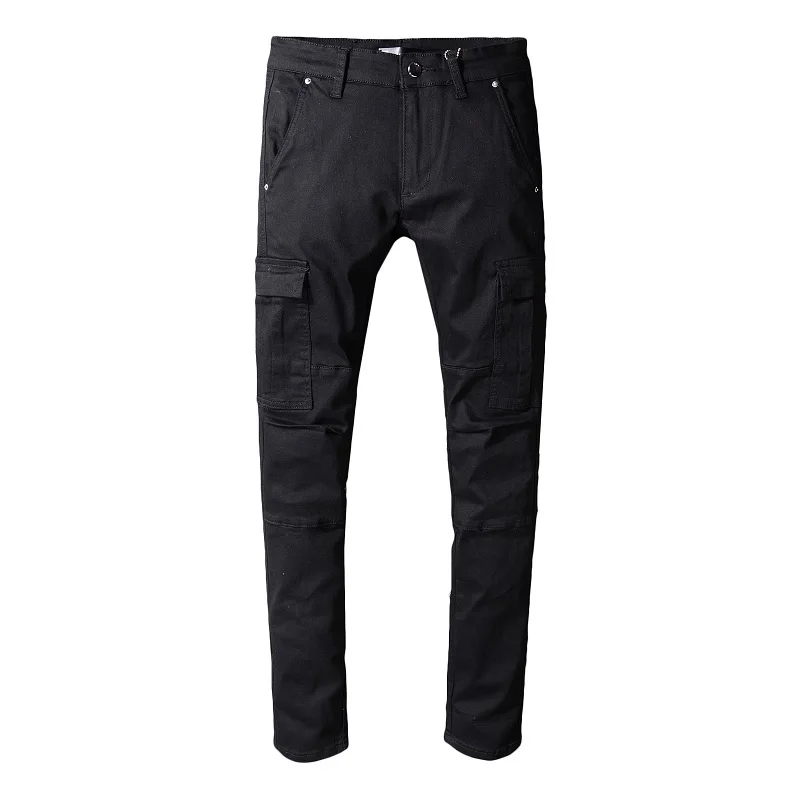 Fashion Mens Jeans Distressed Slim Pants Embellished Ribbed Stretch Pants Black Men Biker Jeans Slim Trousers Men Clothes