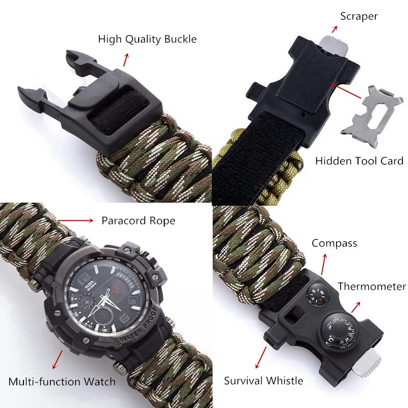 Outdoor Survival Watch Multifunctional Waterproof Military Tactical Paracord Watch Bracelet Camping