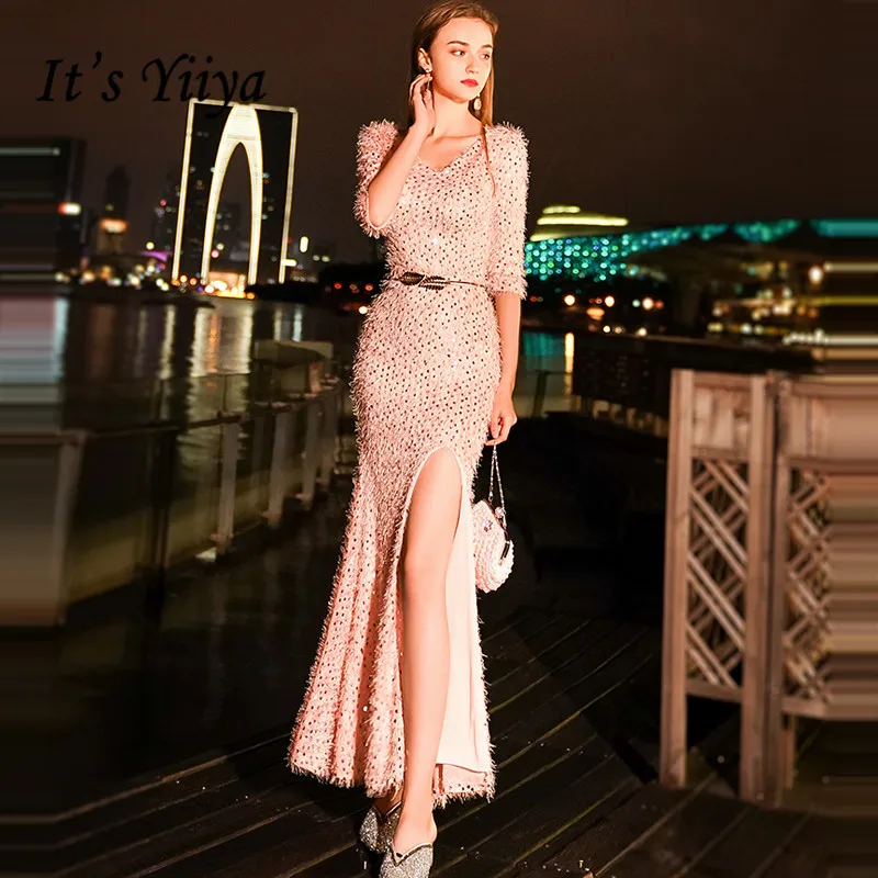 Это YiiYa вечернее платье сексуальное платье с v-образным вырезом и рукавом средней длины элегантное платье с кисточками и блестками TR059