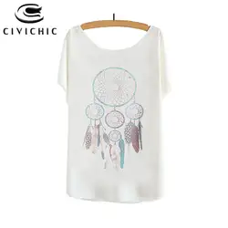 CIVI CHIC Lady один размер Свободная футболка Для женщин рукав «летучая мышь» футболка Dream сетей перо печати футболки с круглым вырезом улица