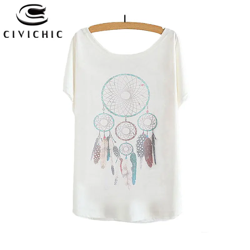 

CIVI CHIC Lady One Size Loose T Shirt Women Bat Sleeve Tshirt Dream Nets Feather Print Tops Tee O Neck Street Snap T-shirt WST76