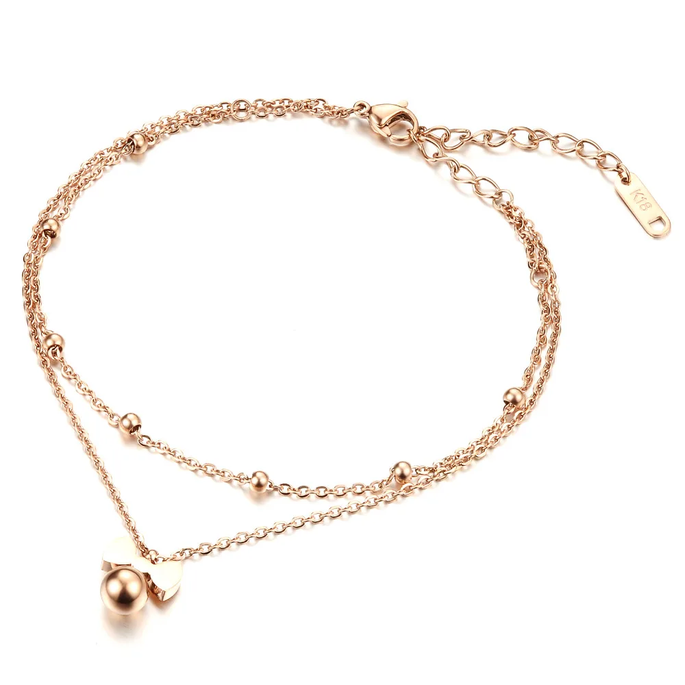 Stainless Steel Anklets Rose Gold Delicate Bowknot Women Classical Double Layer Fashion Jewelry Bracelet Cute Lovely | Украшения и