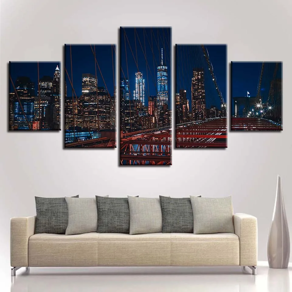 Pictures Artworks Modular Framed Prints 5 Pieces City Building Night View Canvas Painting Modern Home Living Room Wall Art Decor | Дом и сад