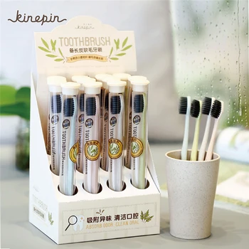 

New Binchotan Travel Toothbrush Creative Health Portable Wheat Straw Skid Handle Solf Bristle Tooth Brush with Cylinder Holder