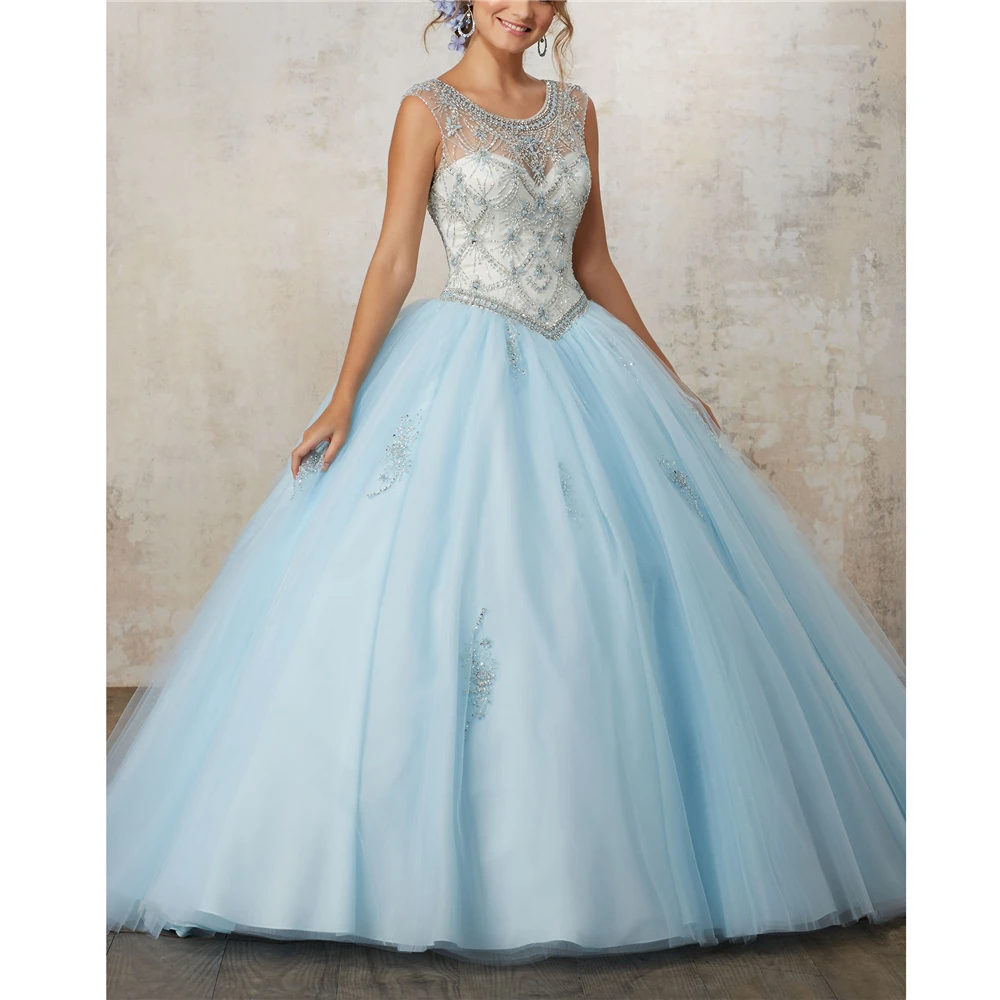 

Scoop Tulle Sleeveless Floor-Length Beading Crystals Illusion vestido 15 anos curto vestidos de fiesta de 15 Quinceanera Dresses