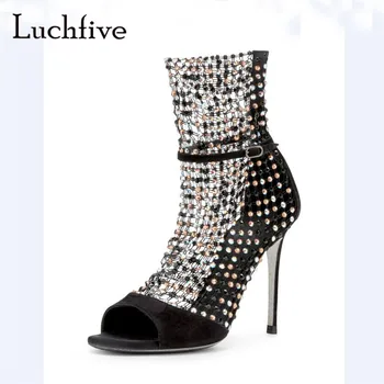 

Blingbling crystal air mesh sandals women sexy thin high heels peep toe party shoes black white slip on rhinestone shoes women