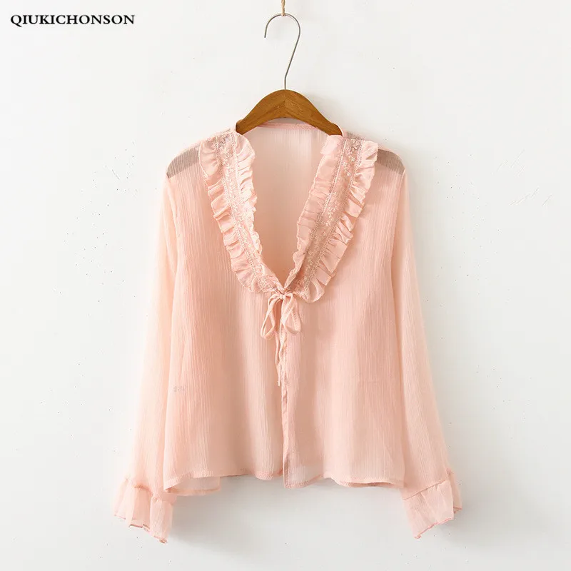 

Japanese Preppy Style Kawaii Lace Patchwork Frilly Lace-up Summer Cardigan Women Summer Tops Ruffle Chiffon Blouse blusas mujer