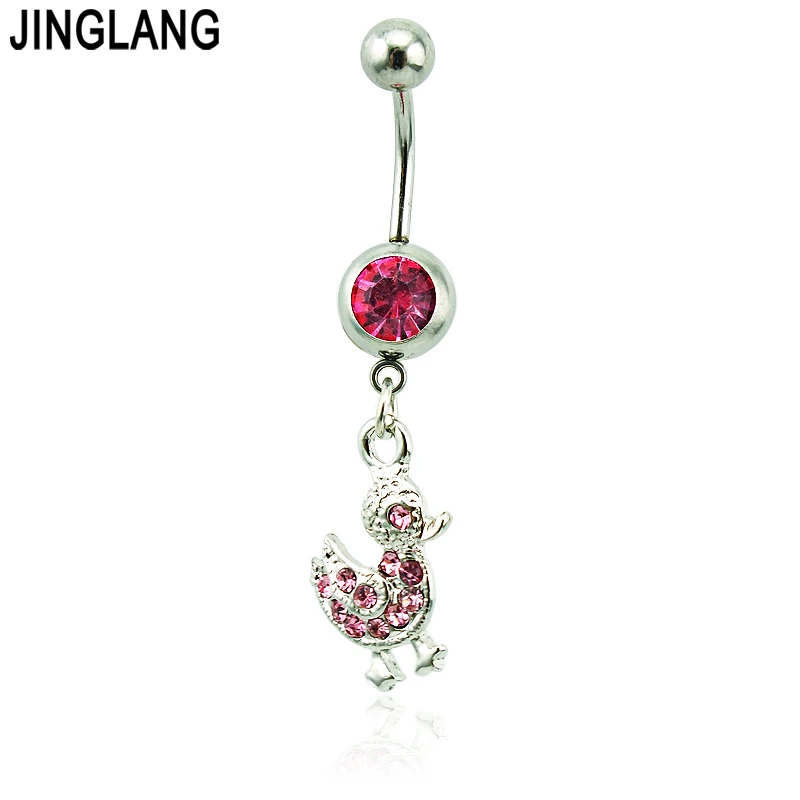 

JINGLANG Body Piercing Jewelry Belly Button Rings 316L Stainless Steel Barbells Dangle Pink Rhinestone Duck Navel Rings