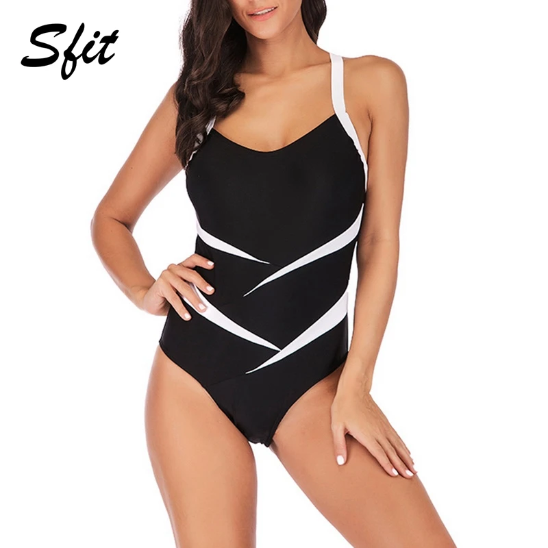 

Sfit Summer Women's Crisscross Back Suit Swimsuit One Pieces Swimwear Striped Backless Bathing Suits Plus Size 5XL Monikini 2019