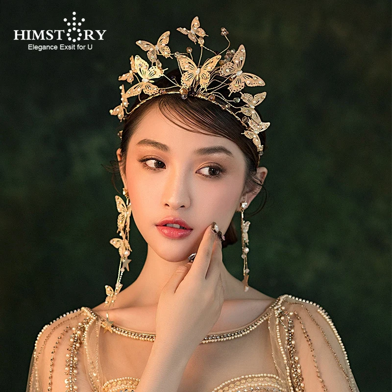 

Himstory Handmade Flying Gold Butterfly Wedding Hairbands Glitter Beads Bridal Party Hair Jewelry Headbands Accessories